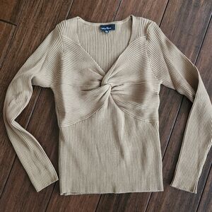 Lea & Viola Tan Ribbed Twist-Front Blouse